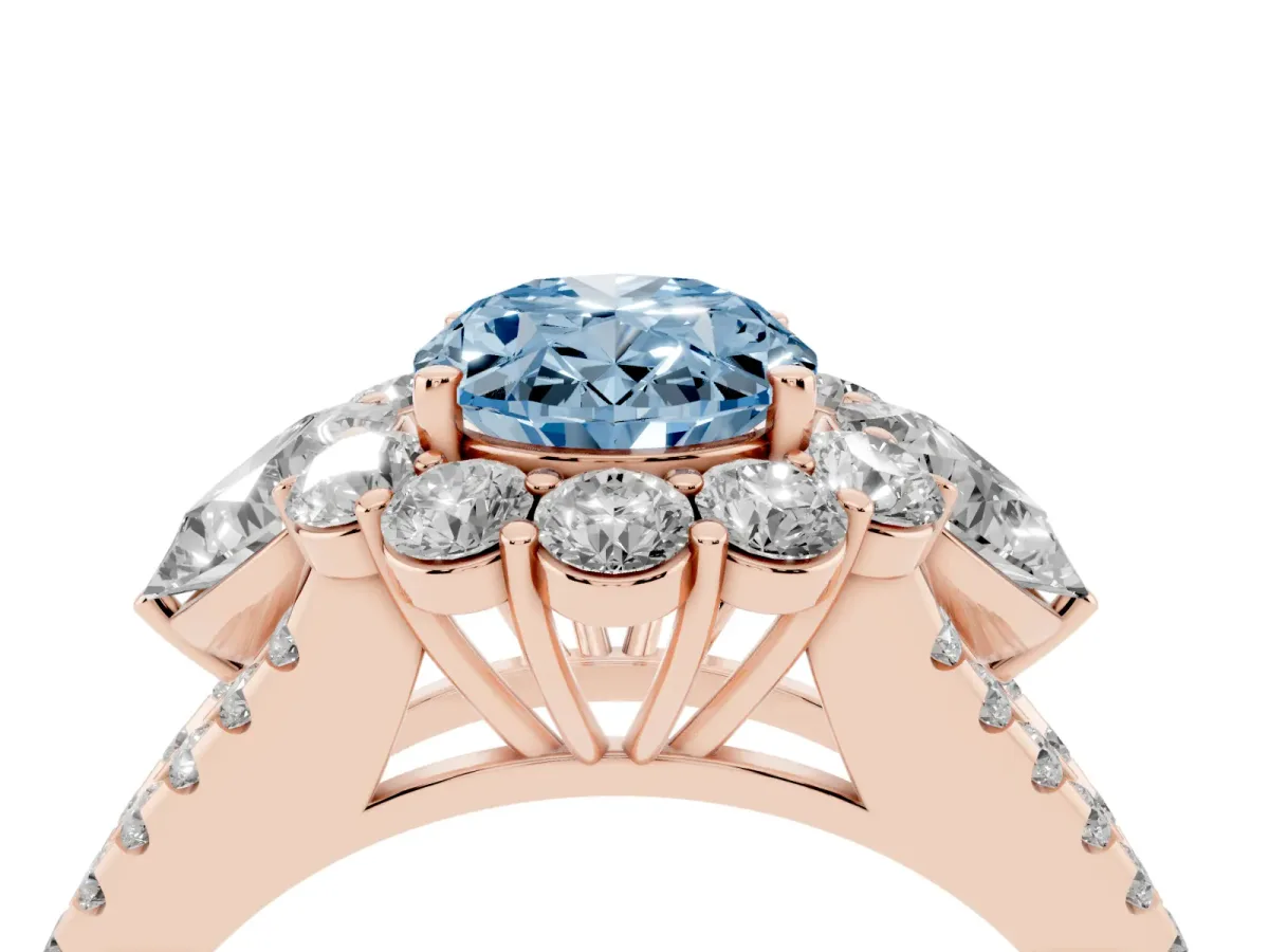 Fancy Blue Oval Cut Halo Split Shank Diamond Engagement Ring with Prong Setting Rose gold