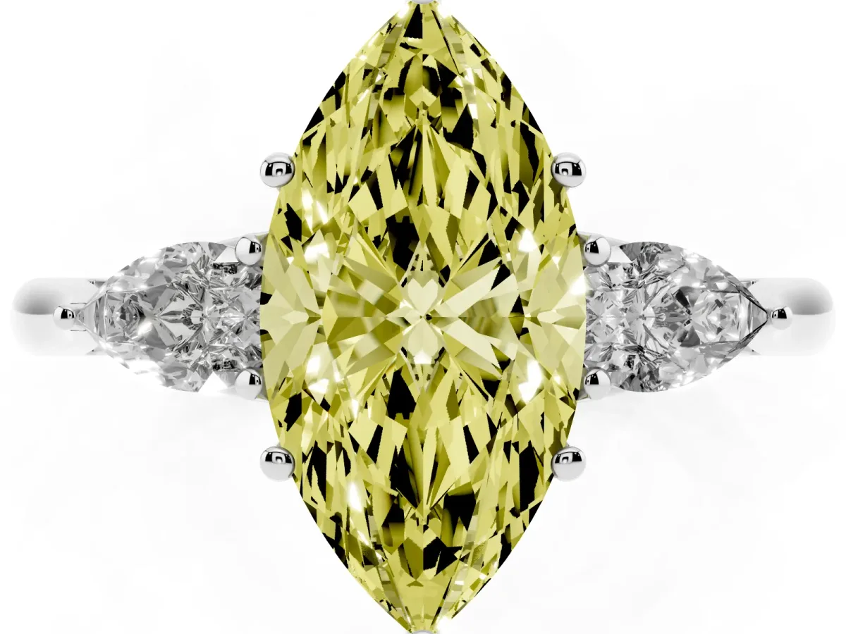 Fancy Yellow Three-Stone Marquise Cut Brilliant Diamond Solitaire Ring with Tapered Band and Four-Prong Setting White gold