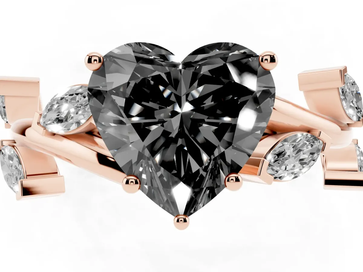 Fancy Black Heart Cut Solitaire Twisted Band Marquise Accent Prong Setting Ring Rose gold