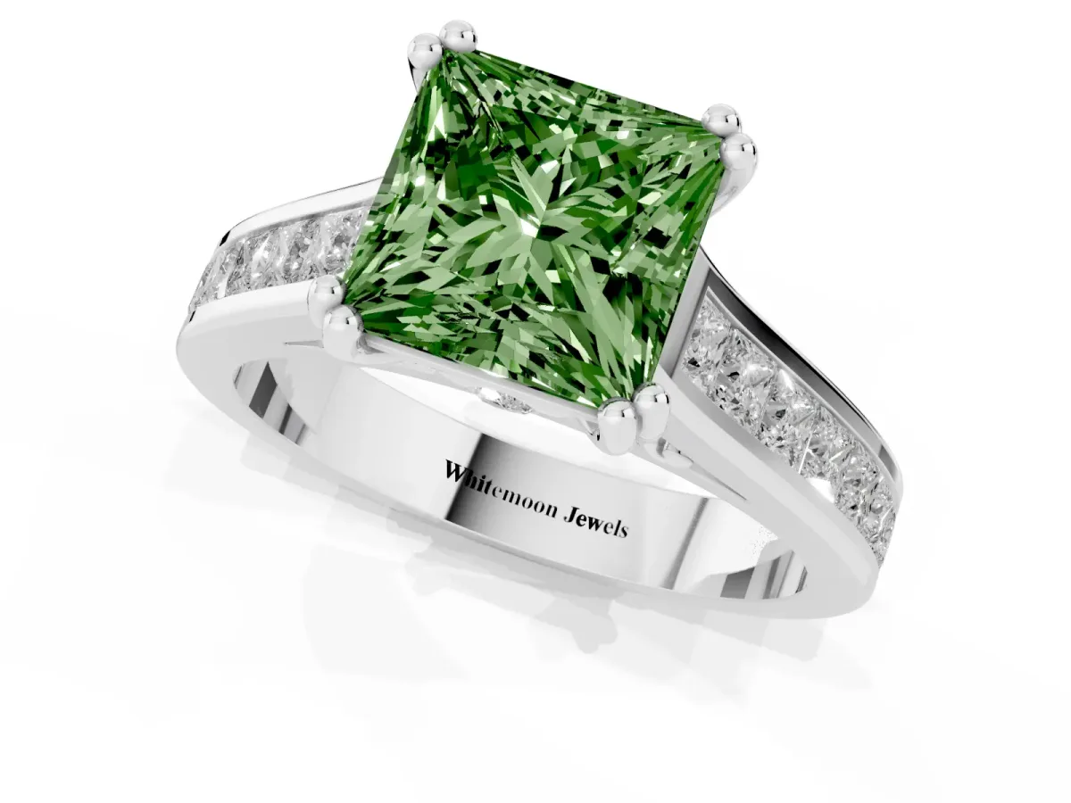 Fancy Green Princess Cut Cut Channel Set Solitaire Engagement Ring with Prong Setting Platinum