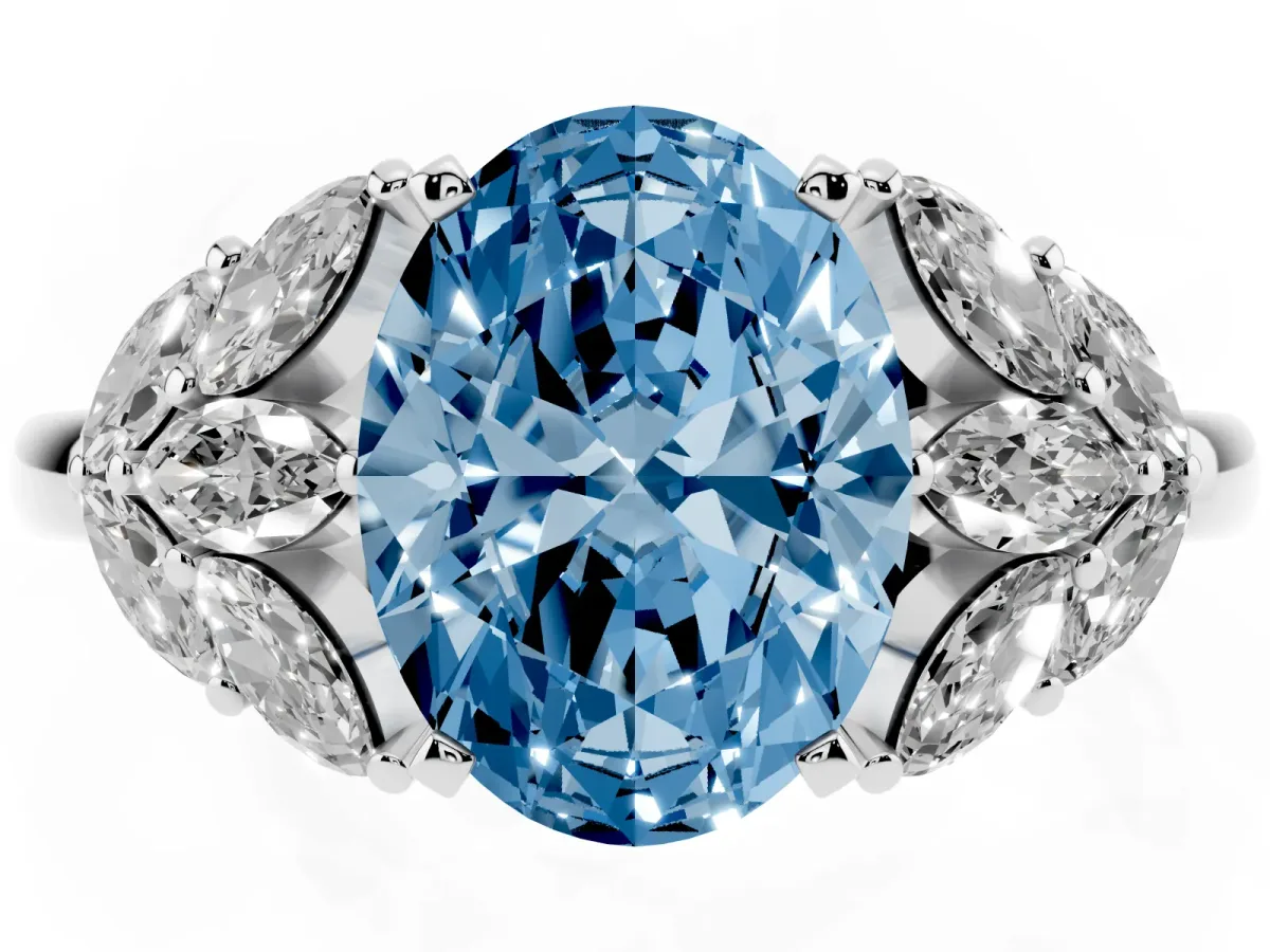 Fancy Blue Oval Cut Diamond Cluster Leaf Design Ring with Prong Setting Silver