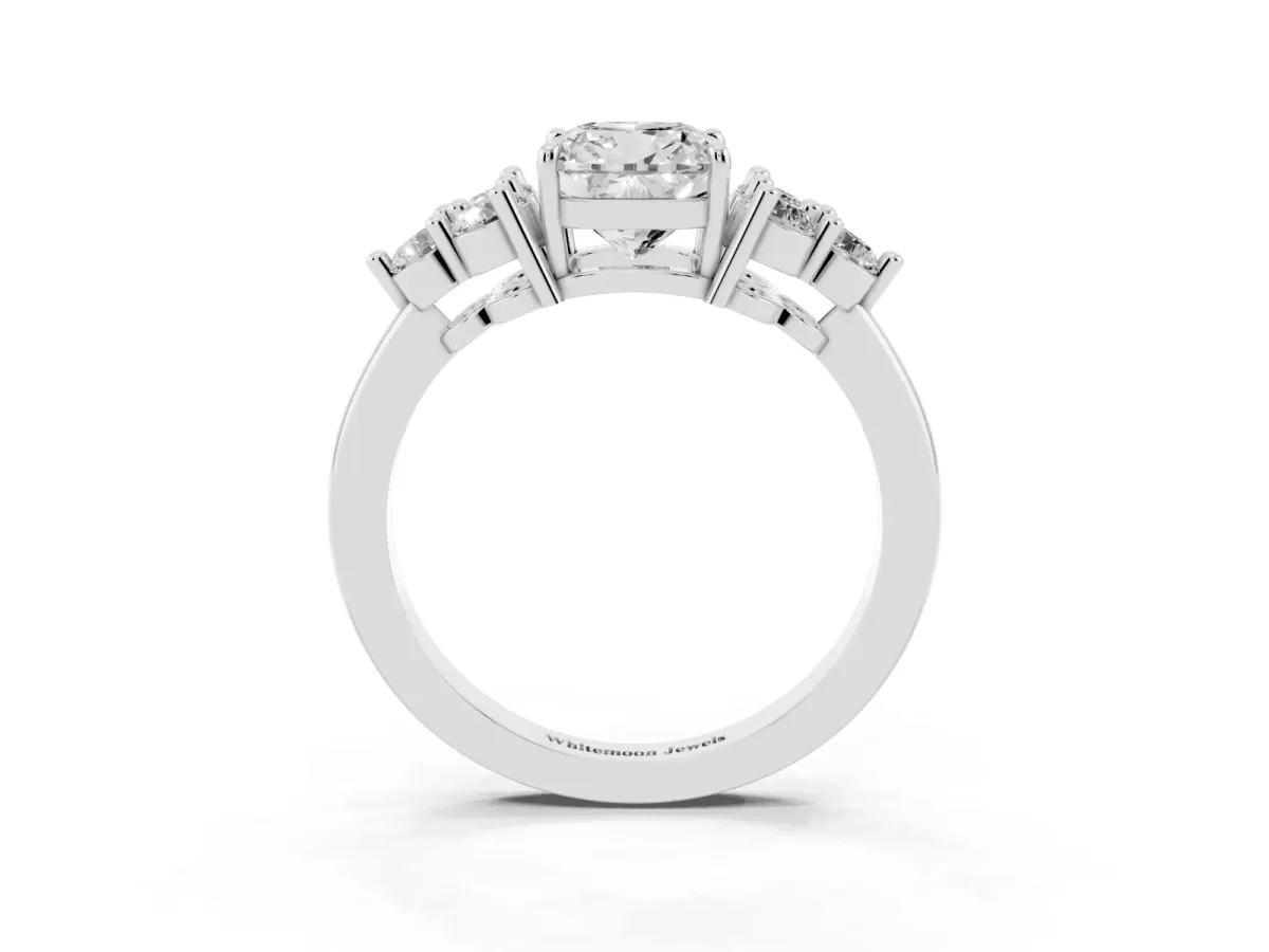 Cushion Cut Brilliant Diamond Cluster Accent Solitaire Ring with Prong Setting White gold