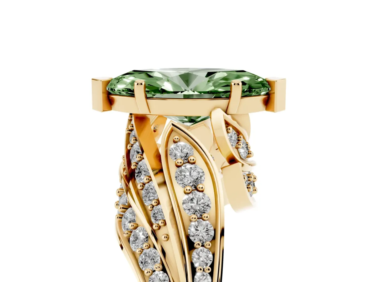 Fancy Green Marquise Cut Diamond Solitaire Ring with Prong Setting and Twisted Pavé Band Yellow gold