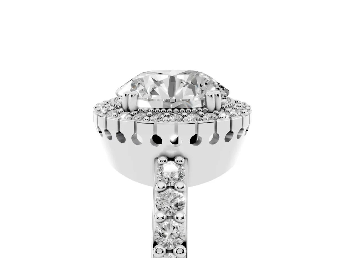 Round Cut Cut Diamond Halo Engagement Ring with Milgrain Detail and Pavé Band Silver