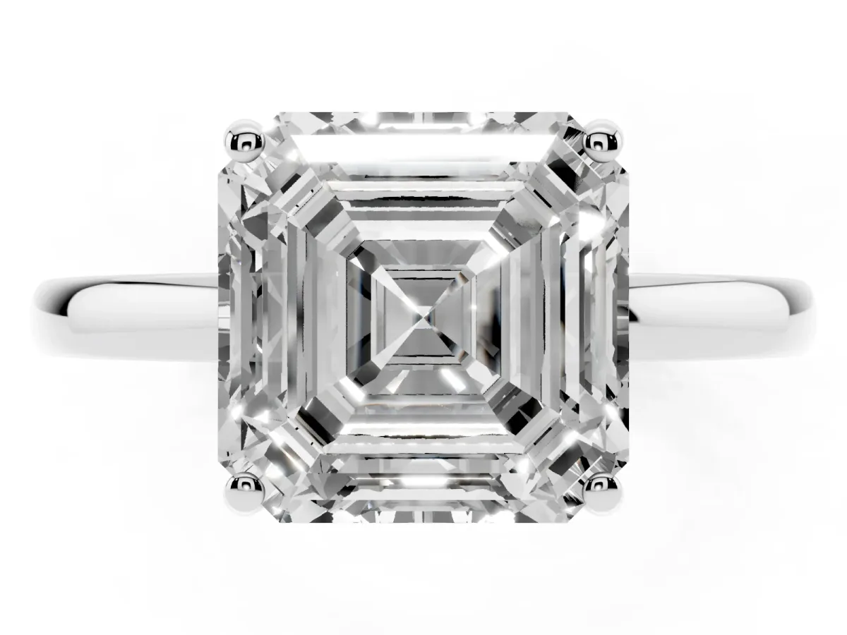 Asscher Cut Solitaire Diamond Ring with Prong Setting and Plain Band Silver