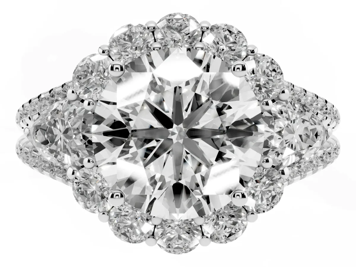 Round Cut Halo Split Shank Diamond Engagement Ring with Prong Setting Silver