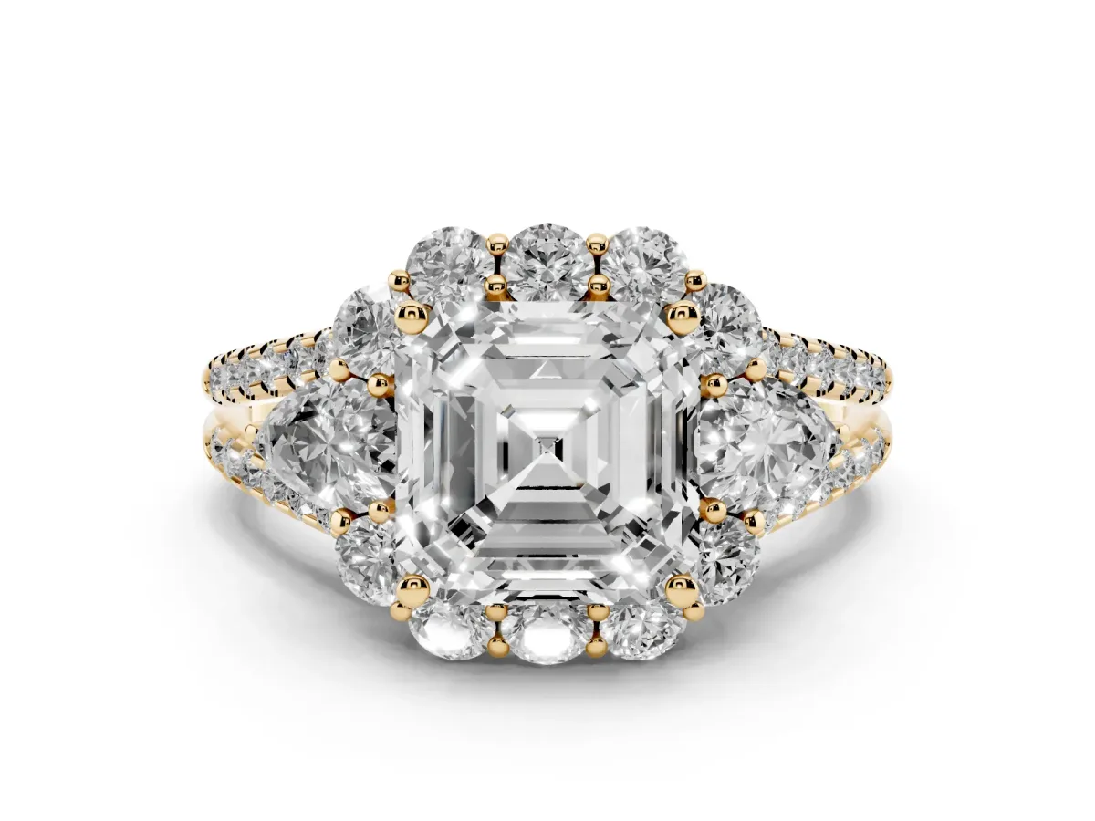 Asscher Cut Halo Split Shank Diamond Engagement Ring with Prong Setting Yellow gold