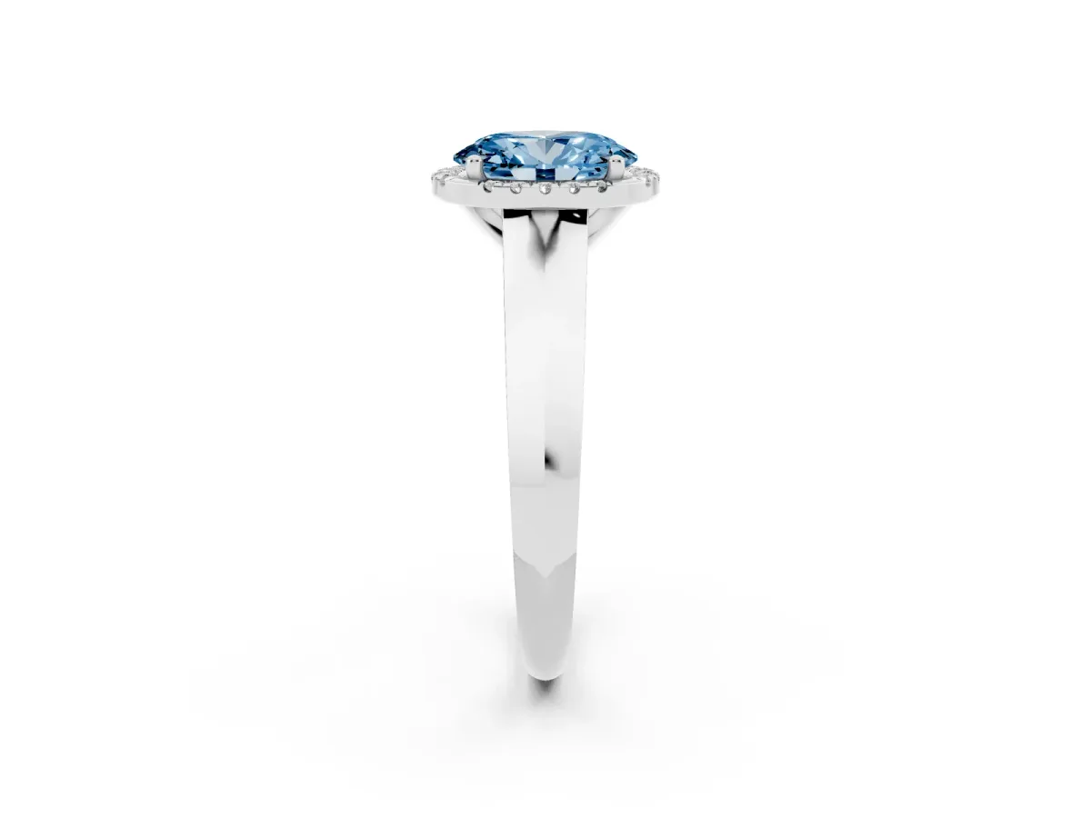 Fancy Blue Oval Cut Halo Diamond Ring with Cathedral Band and Four-Prong Setting Platinum