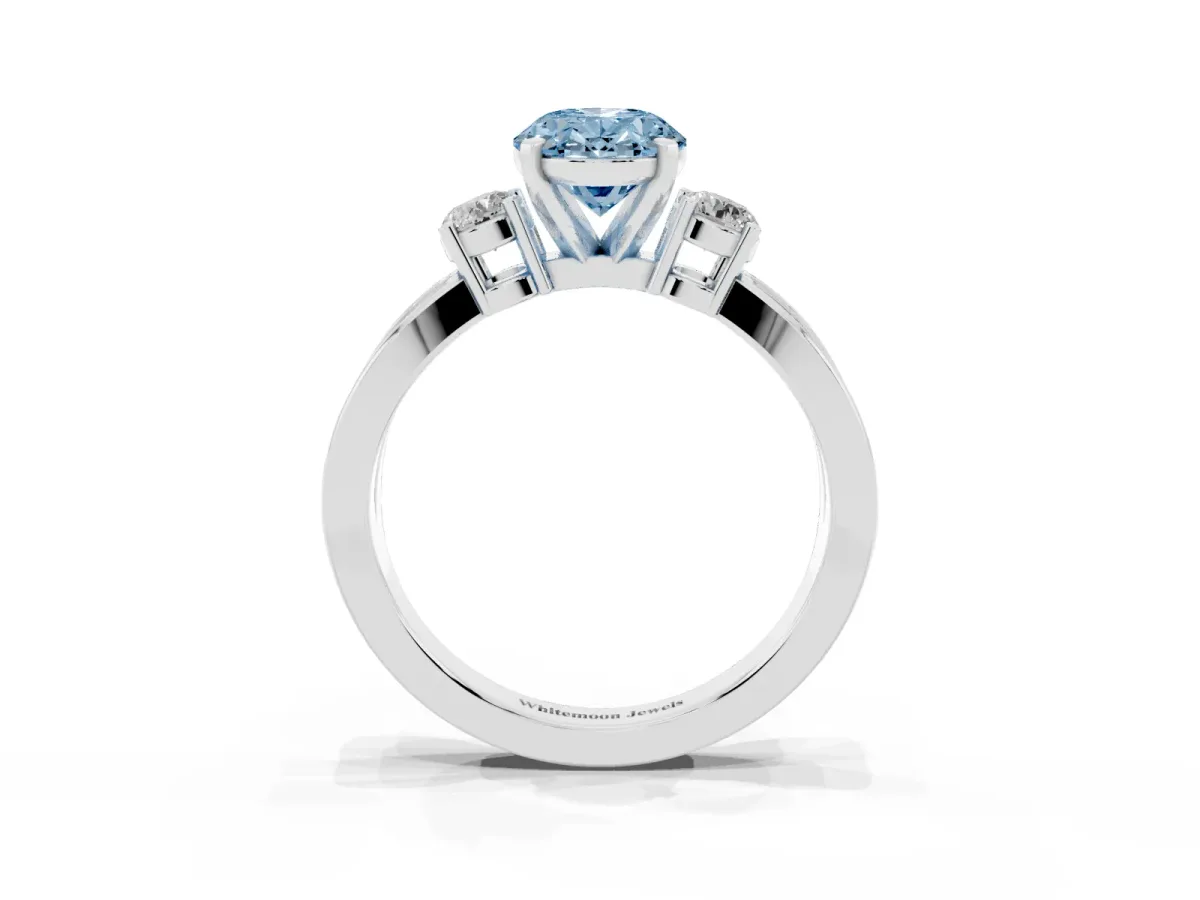 Fancy Blue Three-Stone Oval Cut Cut Diamond Twist Band with Prong Setting Platinum