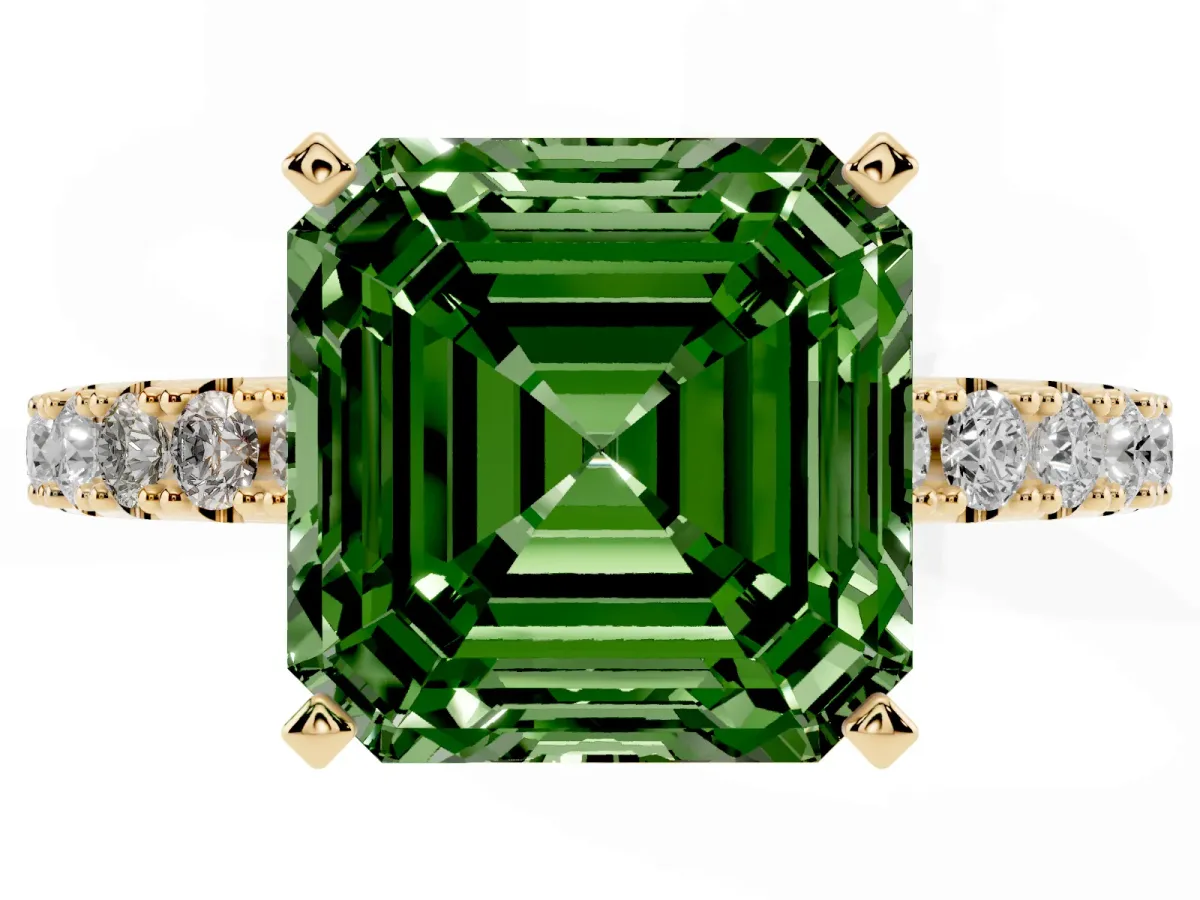 Fancy Green Asscher Cut Diamond Solitaire Pavé Band with Four-Prong Setting Yellow gold