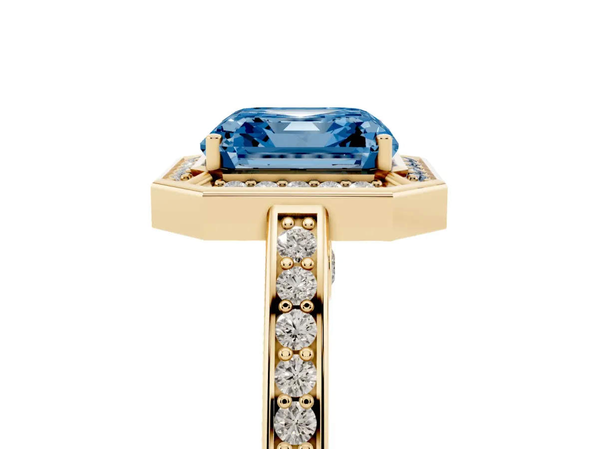Fancy Blue Asscher Cut Cut Halo Pave Split Shank Prong Setting Ring Yellow gold