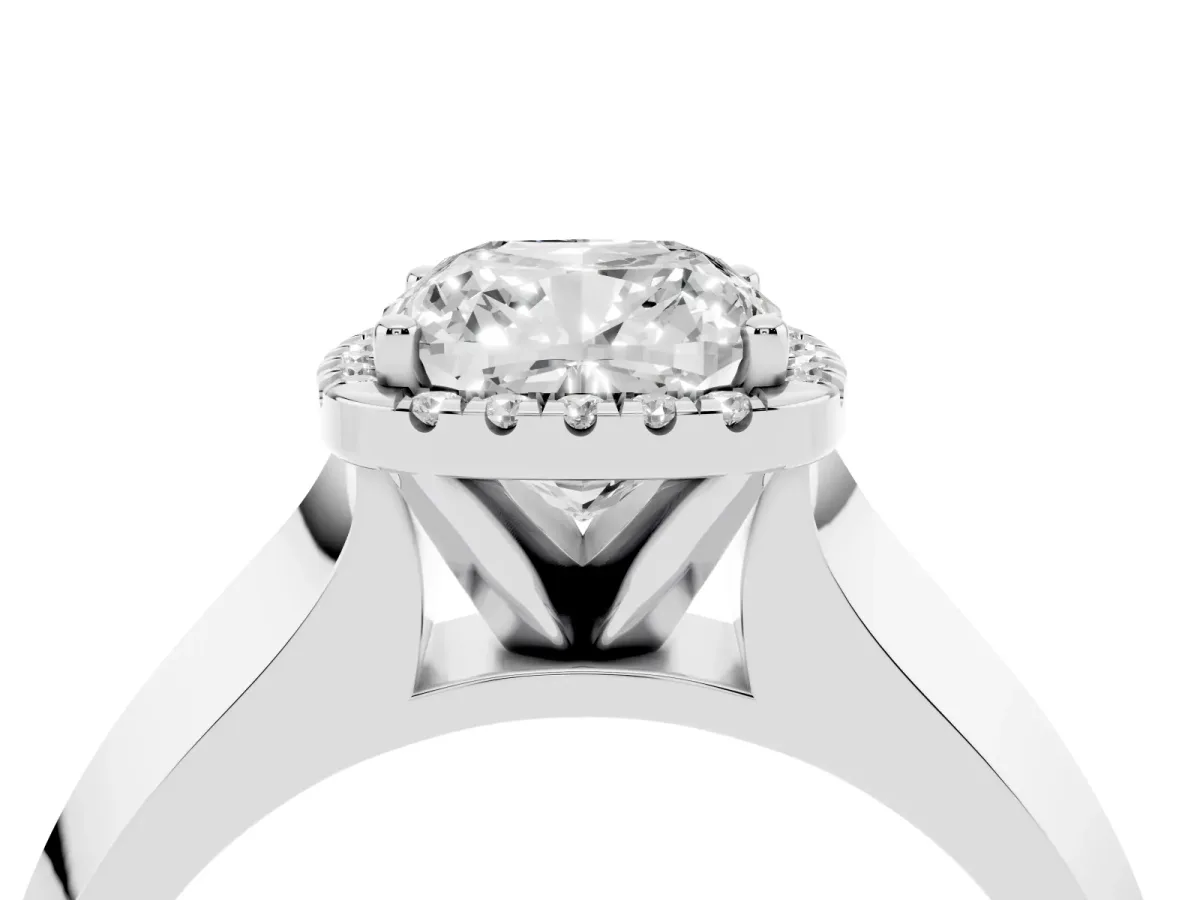 Cushion Cut Halo Diamond Ring with Cathedral Band and Four-Prong Setting Silver