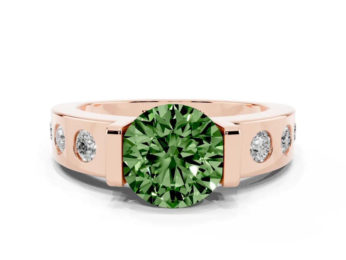 Fancy Green Round Cut Brilliant Channel-Set Diamond Ring with Bezel Prong Setting Rose gold