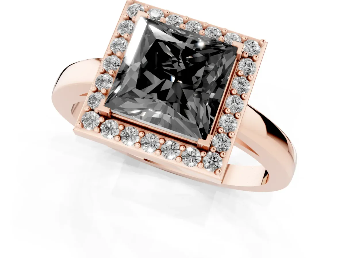 Fancy Black Princess Cut Halo Diamond Ring with Solitaire Band and Prong Setting Rose gold