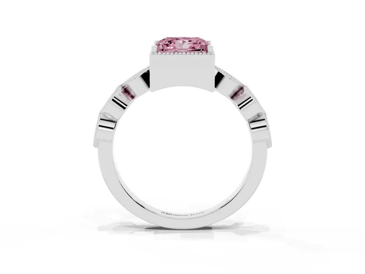 Fancy Pink Princess Cut Diamond Vintage Milgrain Ring with Round Stations Silver
