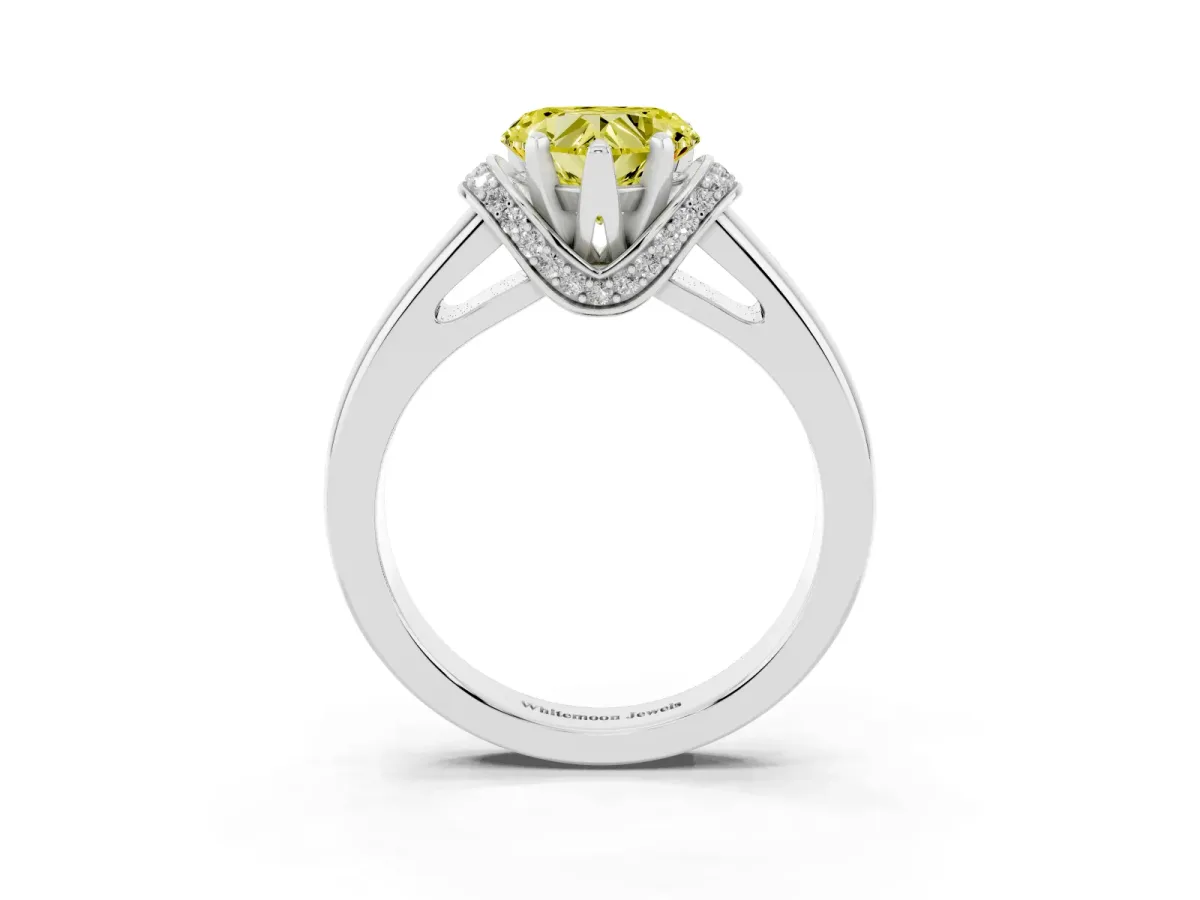 Fancy Yellow Heart Cut Solitaire Diamond Ring with Pave Band and Six-Prong Setting Platinum