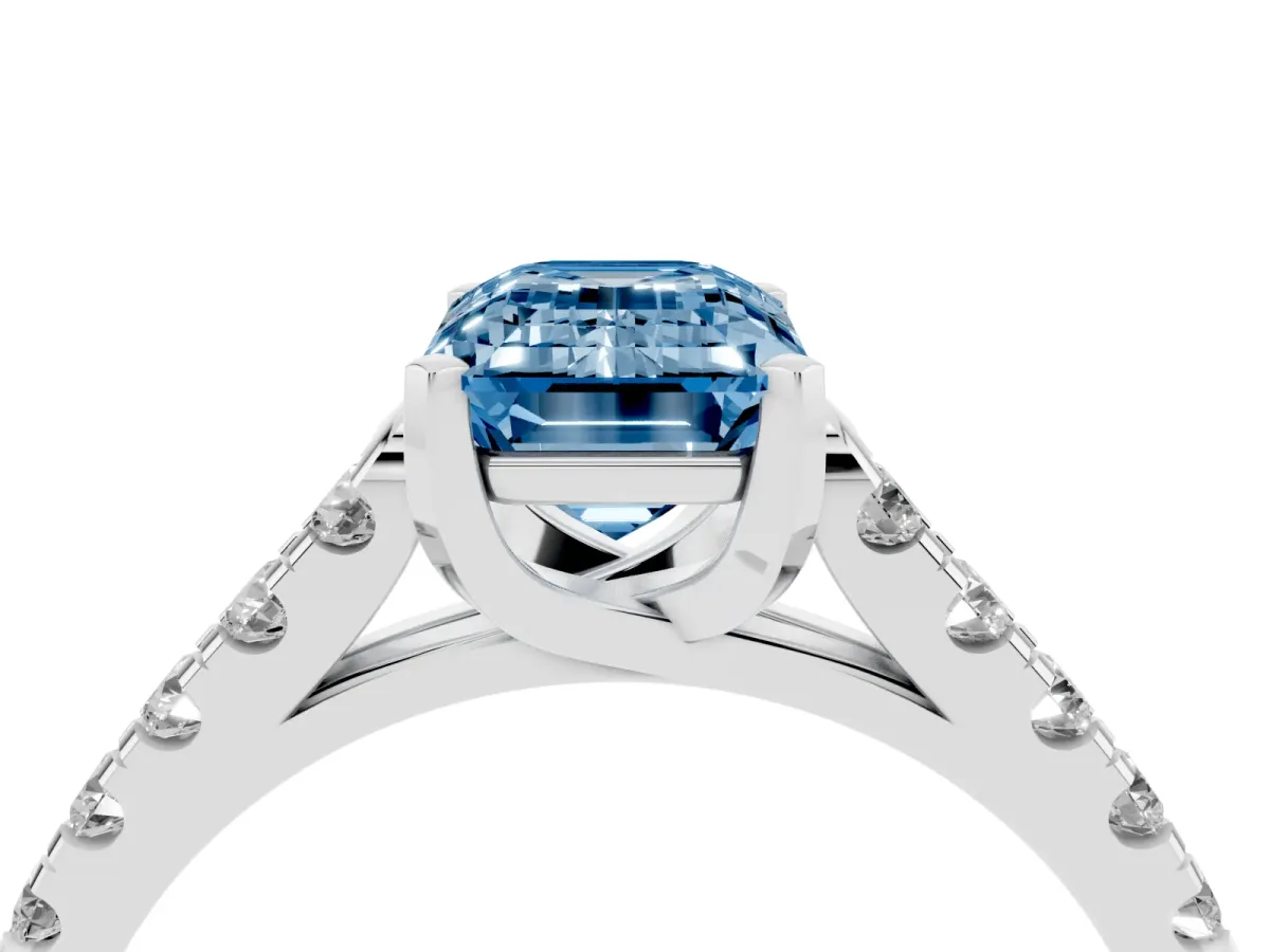 Fancy Blue Emerald Cut Diamond Pavé Band Solitaire Ring with Prong Setting Silver