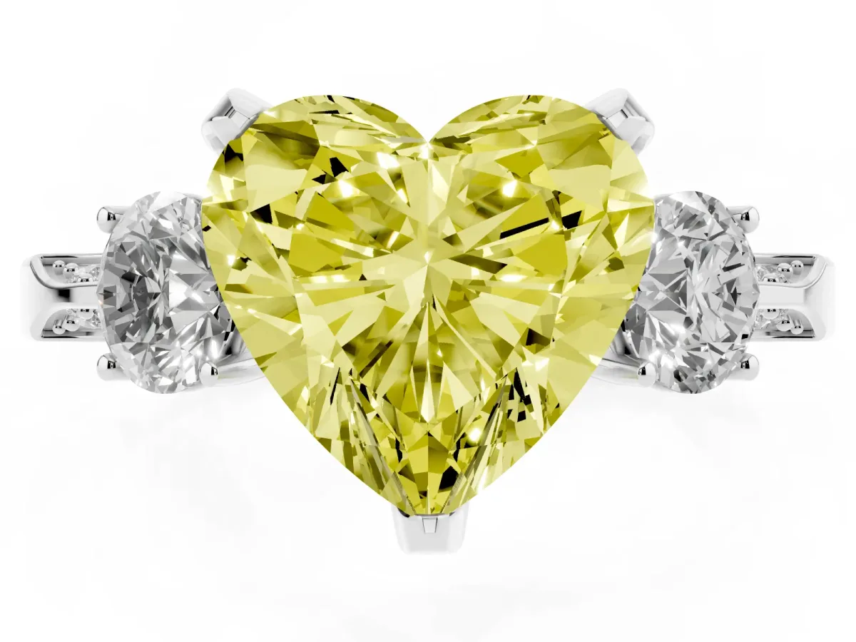 Fancy Yellow Heart Cut Brilliant Three-Stone Diamond Ring with Pavé Band and Four-Prong Setting Silver