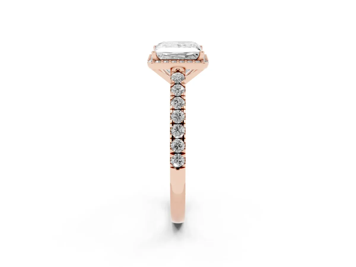 Princess Cut Cut Halo Diamond Engagement Ring with Pave Band and Four-Prong Setting Rose gold