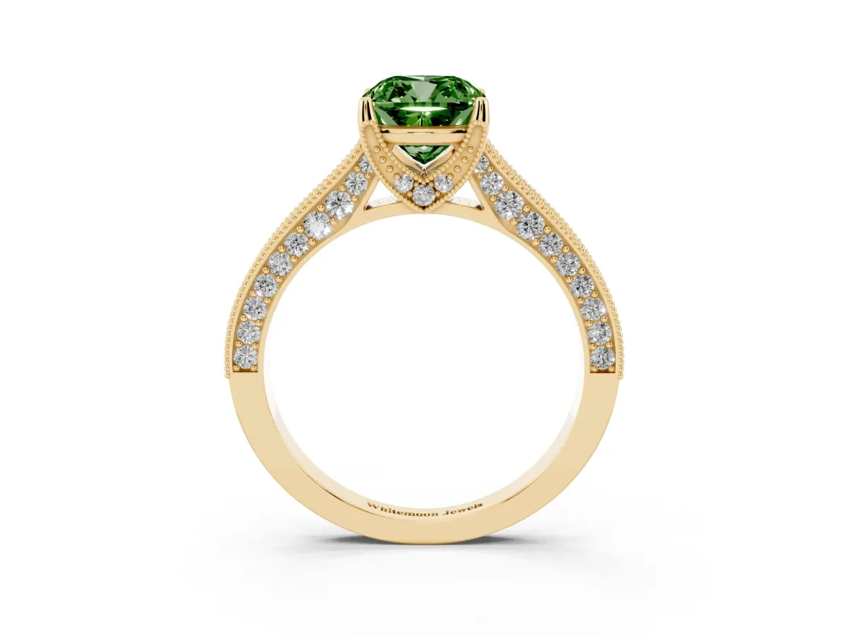 Fancy Green Cushion Cut Cut Diamond Solitaire Ring with Milgrain Pave Band and Four Prong Setting Yellow gold