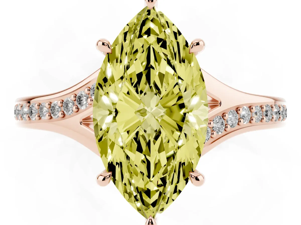Fancy Yellow Marquise Cut Diamond Solitaire Ring with Pavé Band and Prong Setting Rose gold