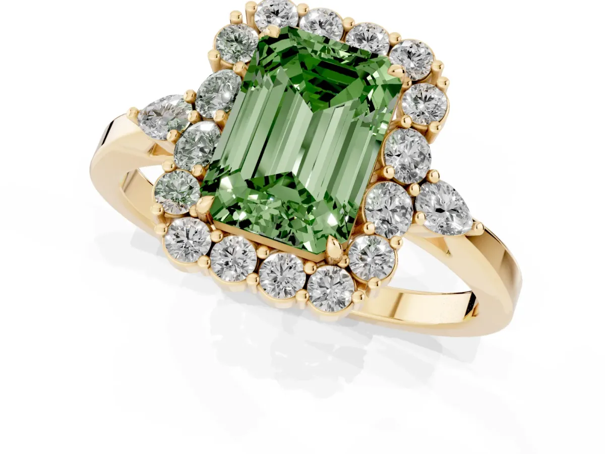 Fancy Green Emerald Cut Diamond Halo Ring with Pear Side Stones and Prong Setting Yellow gold