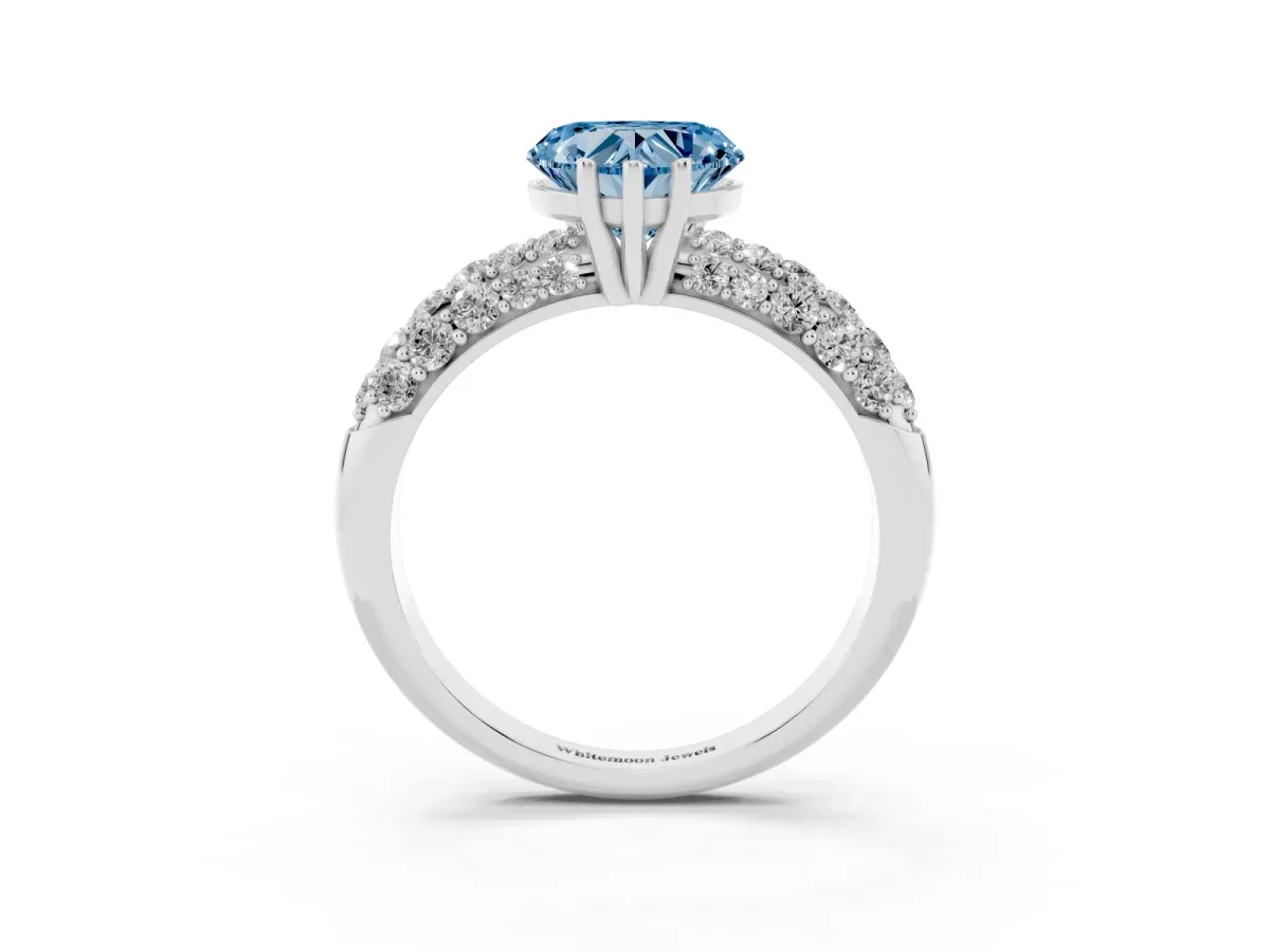 Fancy Blue Heart Cut Diamond Pavé Band Solitaire Ring with Four-Prong Setting Silver