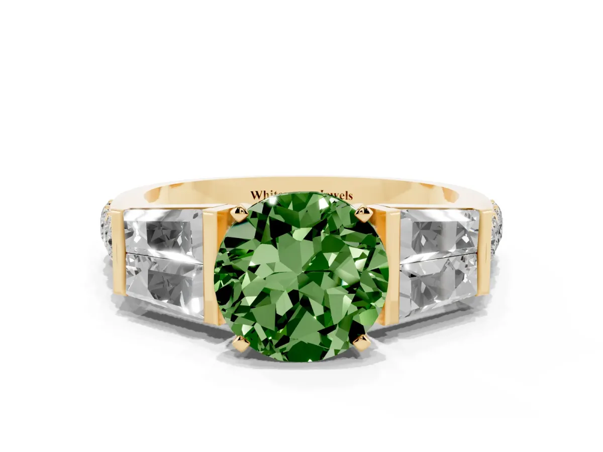Fancy Green Round Cut Diamond Engagement Ring with Baguette Side Stones and Channel Set Band Yellow gold