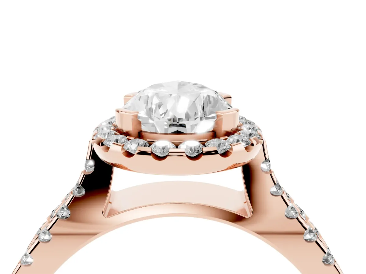 Pear Cut Diamond Halo Ring with Split Shank Pavé Band and Prong Setting Rose gold
