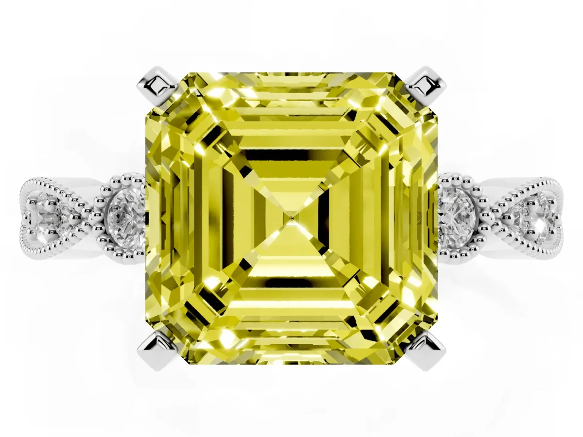 Fancy Yellow Asscher Cut Milgrain Bezel Diamond Engagement Ring with Solitaire Prong Setting Platinum