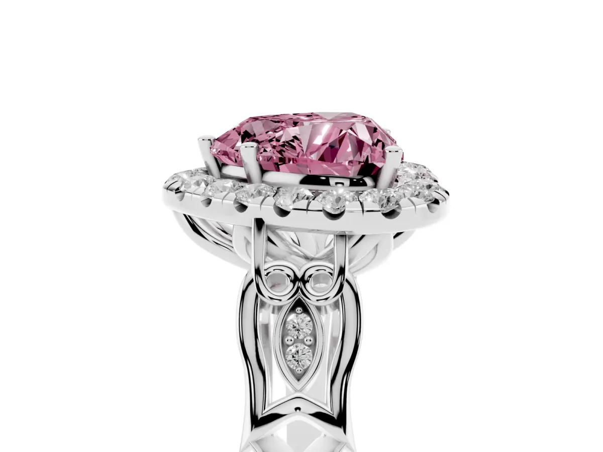 Fancy Pink Heart Cut Halo Diamond Engagement Ring with Filigree Band and Four-Prong Setting Platinum