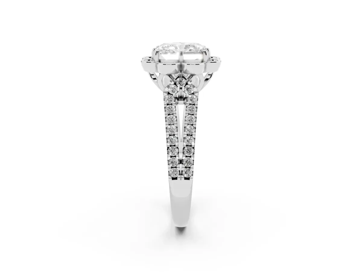 Radiant Cut Halo Diamond Floral Split Shank Engagement Ring Silver