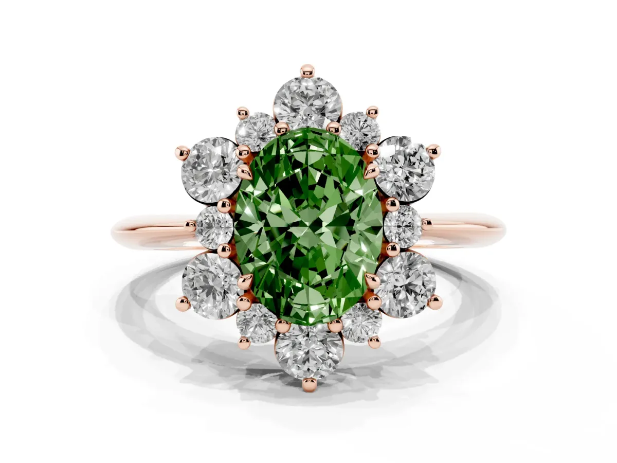 Fancy Green Oval Cut Diamond Cluster Halo Ring with Solitaire Band and Four-Prong Setting Rose gold