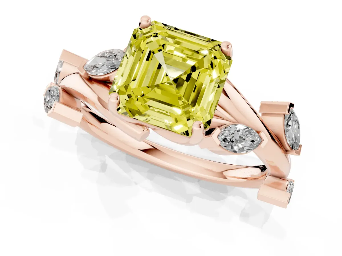 Fancy Yellow Asscher Cut Solitaire Twisted Band Marquise Accent Prong Setting Ring Rose gold