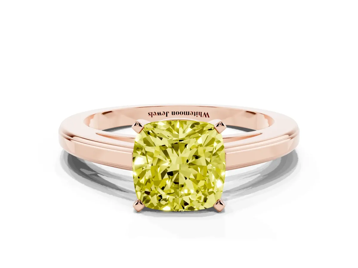 Fancy Yellow Cushion Cut Solitaire Diamond Ring with Four-Prong Setting and Classic Band Rose gold