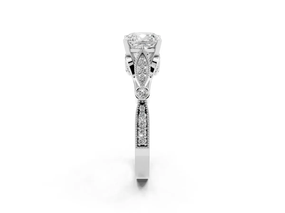 Cushion Cut Cut Diamond with Milgrain Marquise and Bezel Accents on a Solitaire Band with Prong Setting Platinum