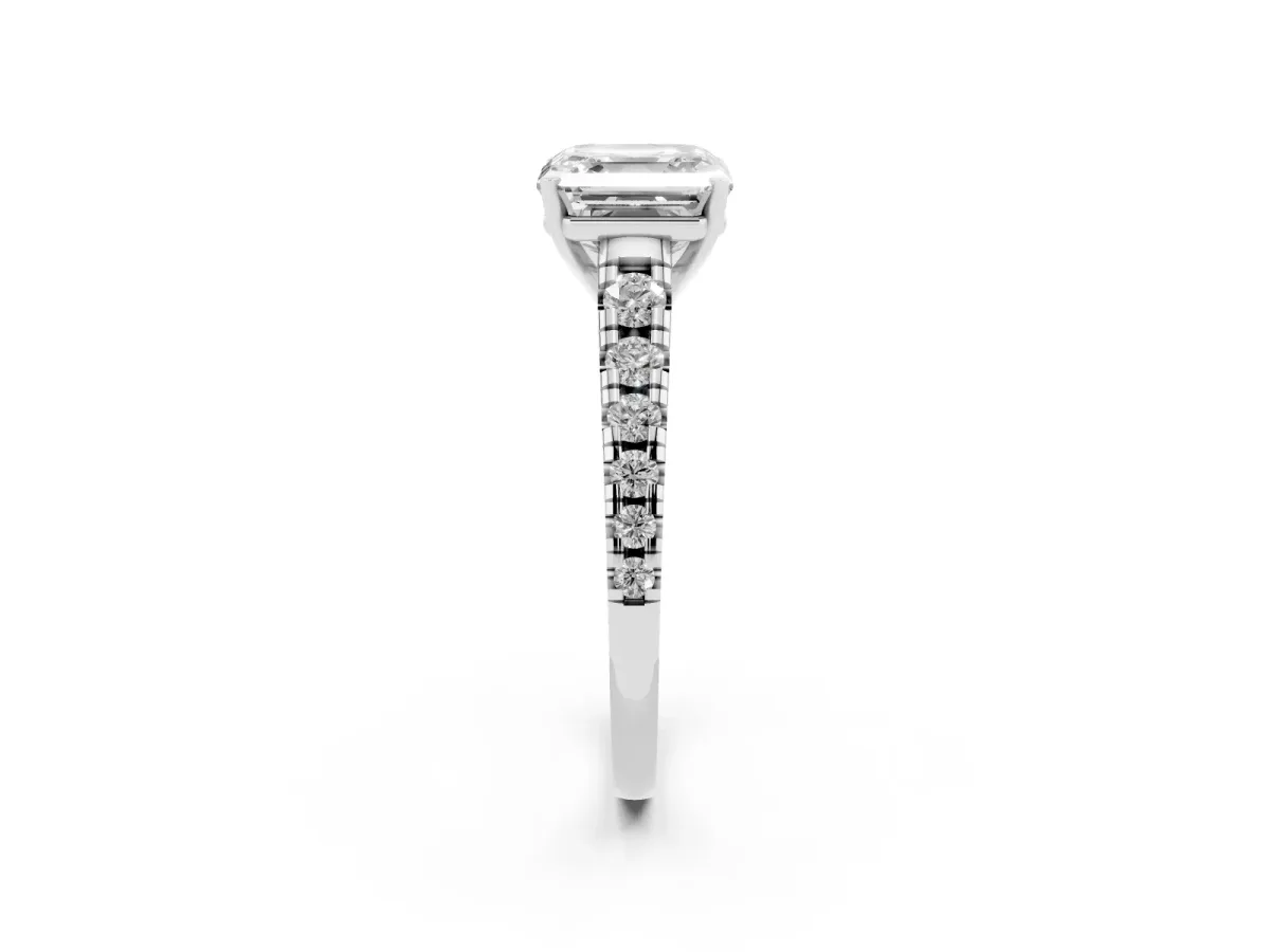 Asscher Cut Diamond Cathedral Solitaire Ring with Round Pavé Band White gold