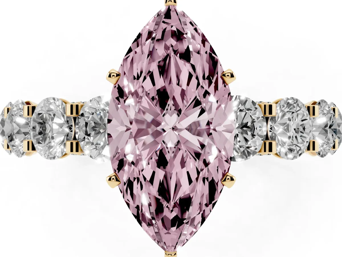 Fancy Pink Marquise Cut Diamond Side Stone Engagement Ring with Four-Prong Setting Yellow gold