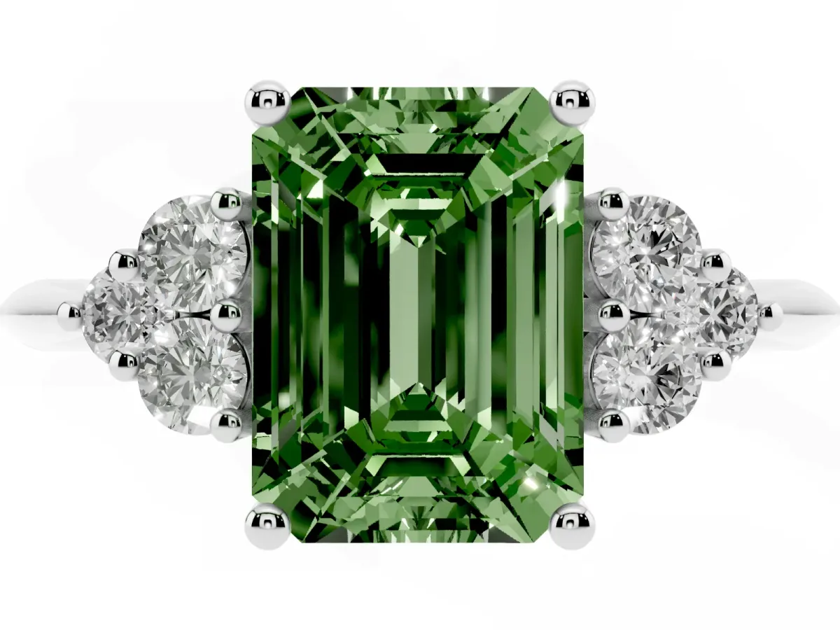 Fancy Green Emerald Cut Cut Diamond Cluster Ring with Solitaire Band and Four-Prong Setting Platinum