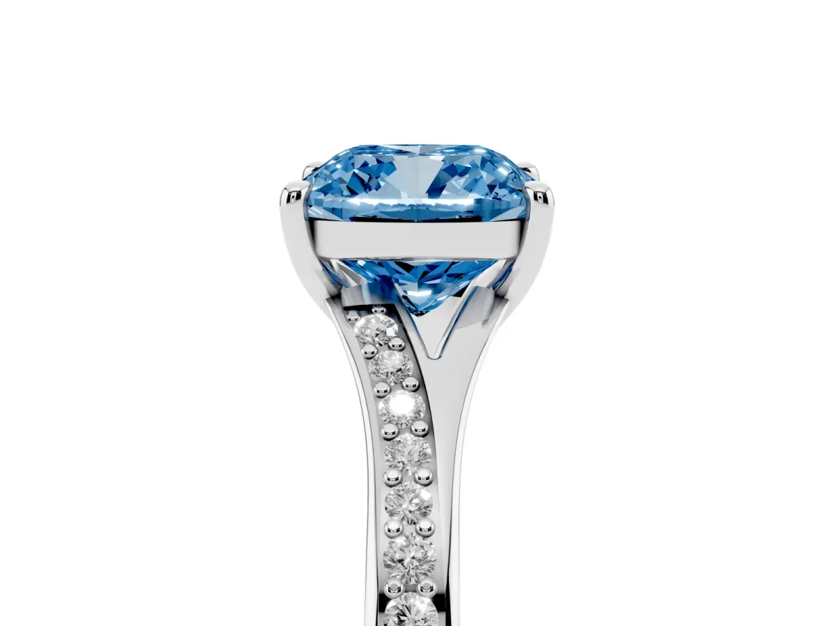 Fancy Blue Cushion Cut Diamond Solitaire Ring with Pavé Band and Prong Setting Silver