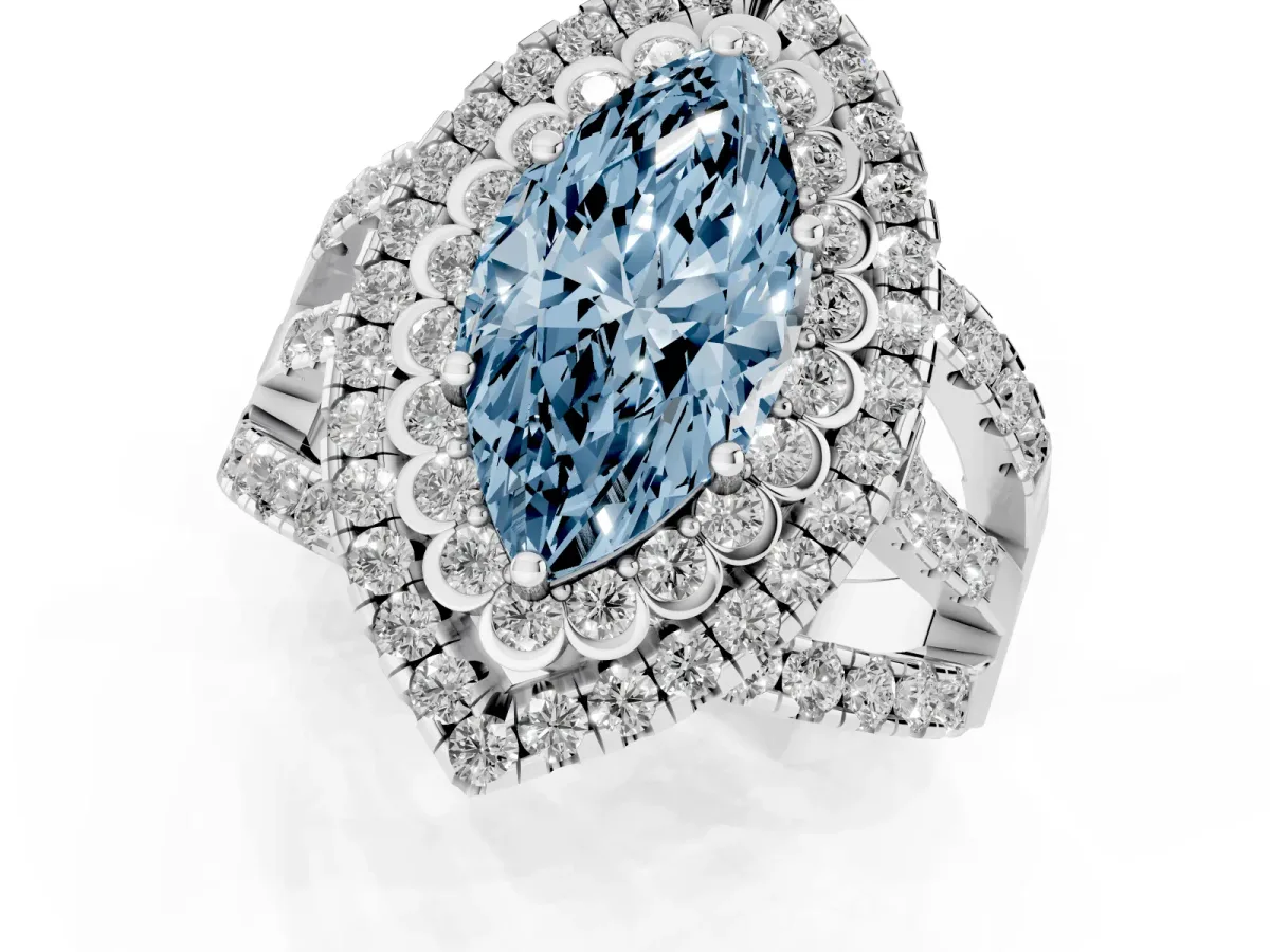 Fancy Blue Marquise Cut Diamond Double Halo Ring with Round Pavé Split Shank and Prong Setting Silver