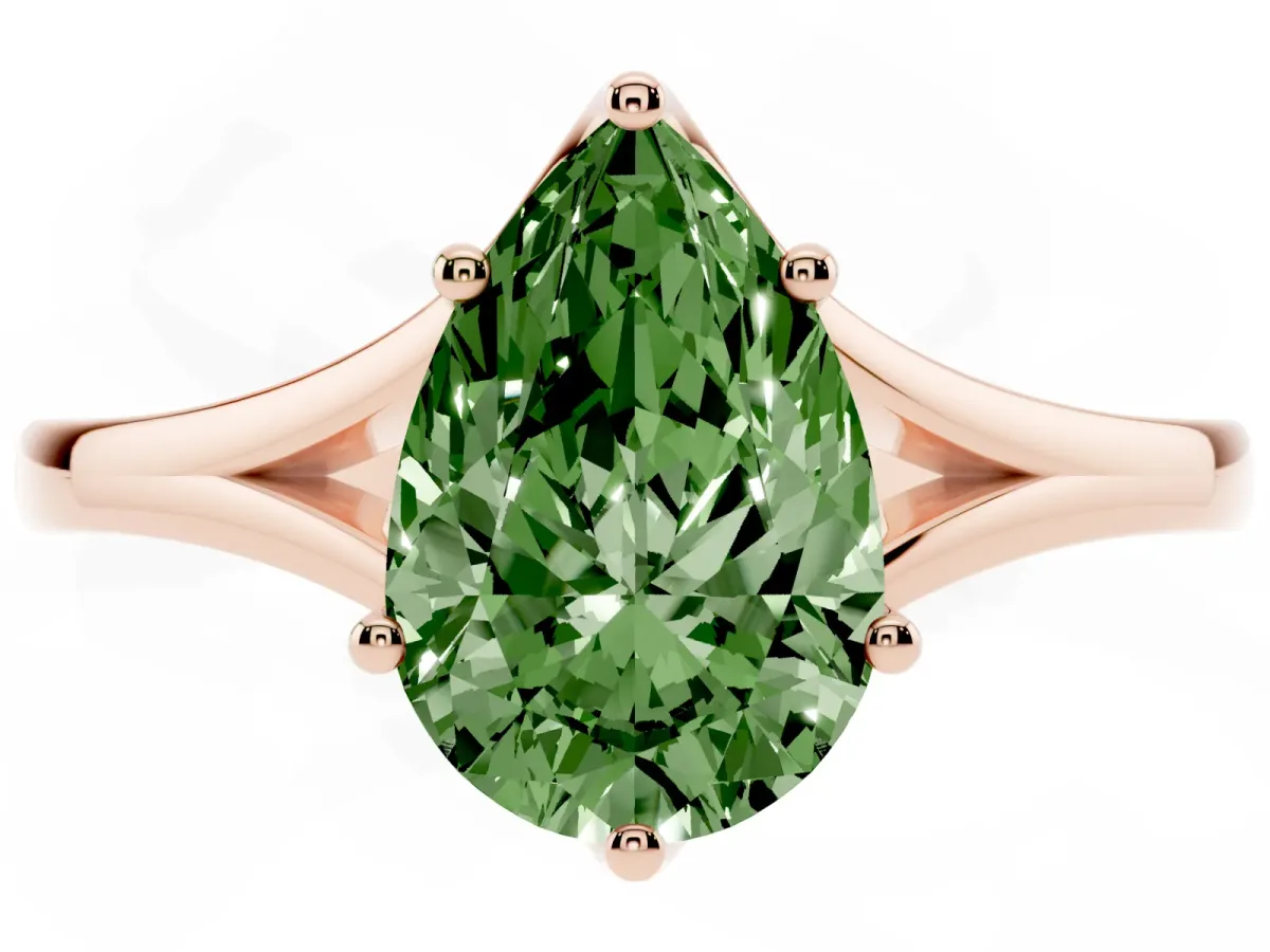 Fancy Green Pear Cut Solitaire Diamond Ring with Six-Prong Setting and Tapered Band Rose gold