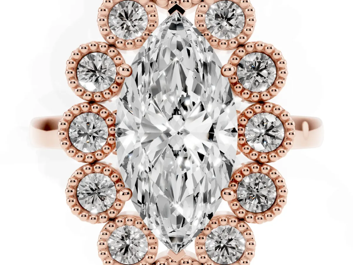 Marquise Cut Halo Diamond Cluster Engagement Ring with Milgrain Bezel Setting and Solitaire Band Rose gold