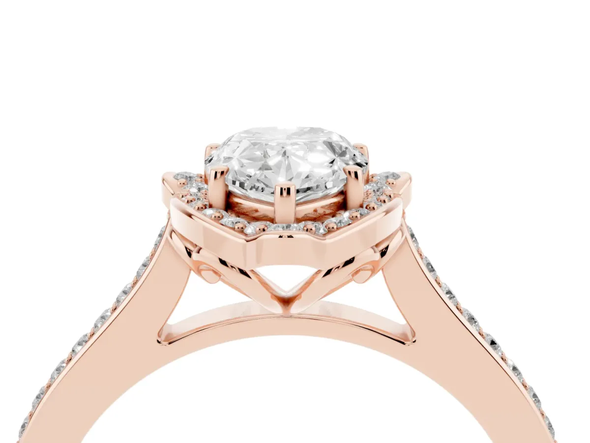 Pear Cut Halo Round Diamond Pave Band with Four-Prong Setting Rose gold