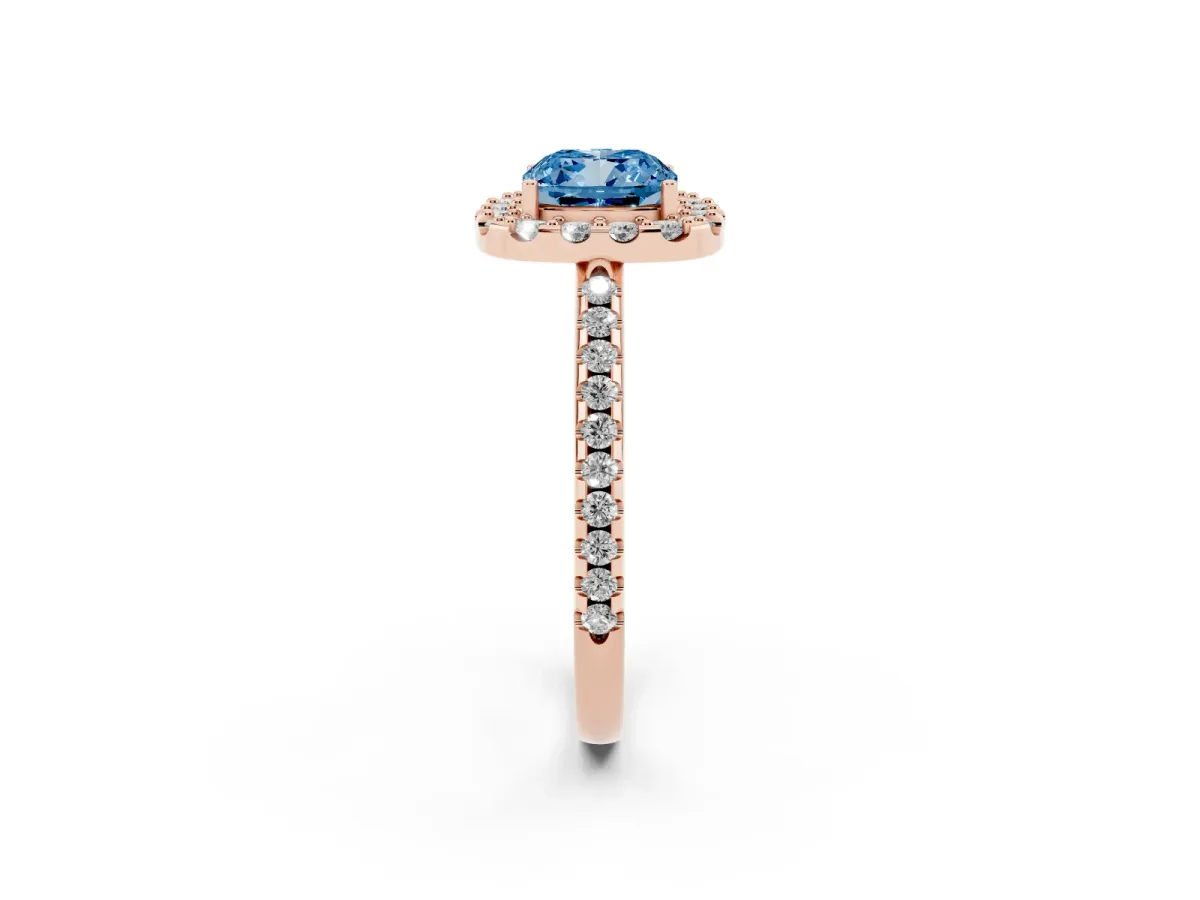 Fancy Blue Cushion Cut Diamond Pavé Halo Ring with Four-Prong Setting Rose gold