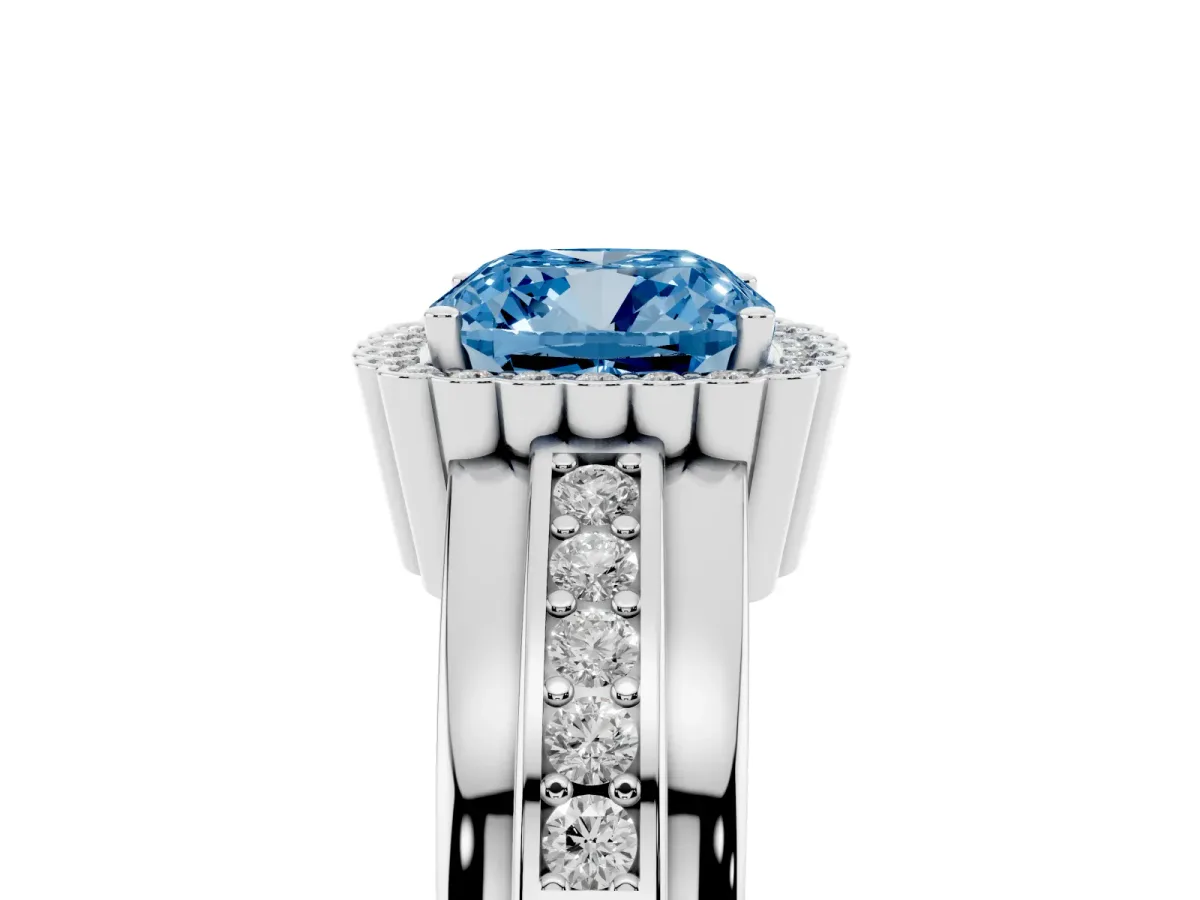 Fancy Blue Cushion Cut Cut Halo Pave Band Four-Prong Ring White gold