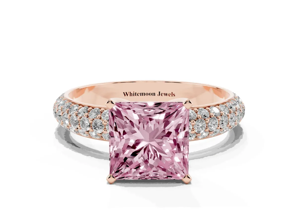 Fancy Pink Princess Cut Diamond Solitaire Ring with Prong Setting and Pavé Band Rose gold