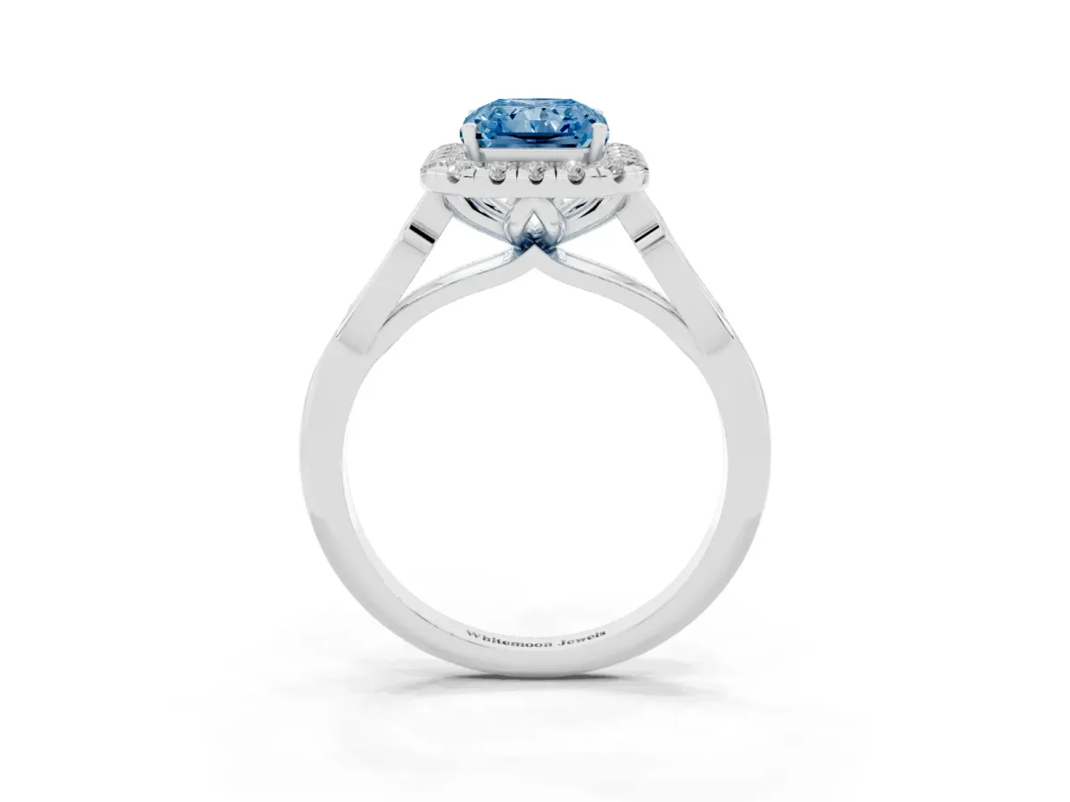 Fancy Blue Radiant Cut Halo Diamond Engagement Ring with Filigree Band and Four-Prong Setting Platinum
