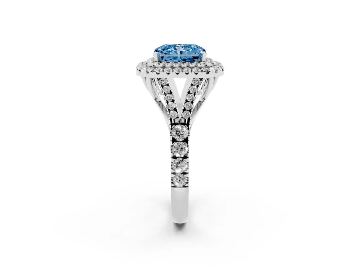 Fancy Blue Radiant Cut Diamond Double Halo Ring with Split Shank and Prong Setting Platinum