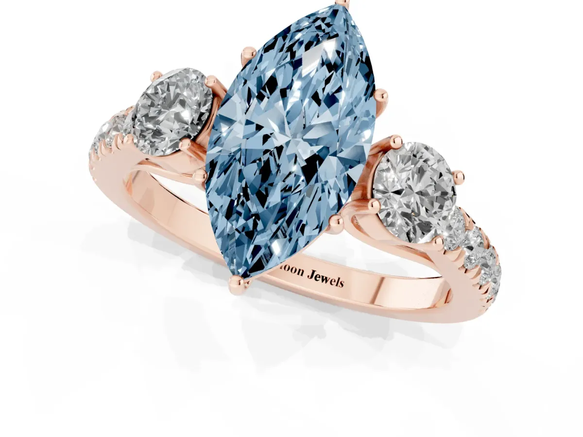 Fancy Blue Marquise Cut Cut Diamond Three-Stone Ring with Round Side Stones and Pavé Band Rose gold